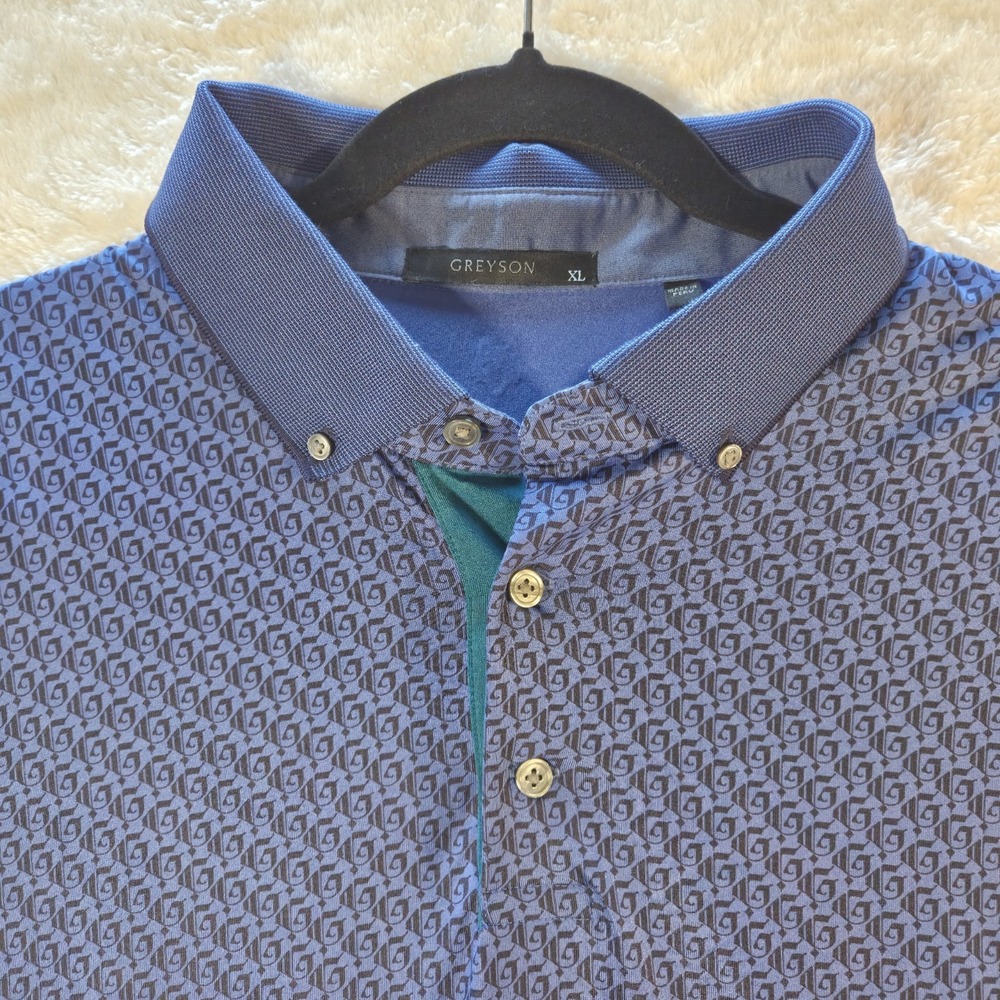 Greyson Clothiers Men's XL "River Wild" Golf Polo Blue Geometric G Print Stretch